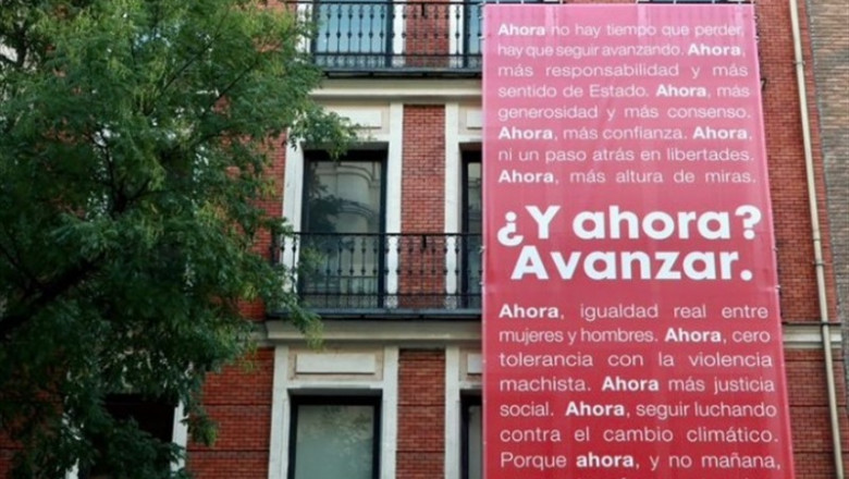 Imagen de la fachada de la sede del PSOE en Madrid con su nuevo lema para las elecciones generales "¿Y ahora? Avanzar" | PSOE ep imagen de la fachada de la sede del psoe en madrid con su nuevo lema para las elecciones