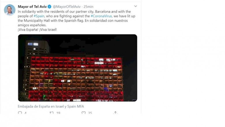 El ayuntamiento de Tel Aviv (Israel) iluminado con la bandera de España | TWITTER ALCALDE TEL AVIV ep el ayuntamiento de tel aviv israel iluminado con la bandera de espana