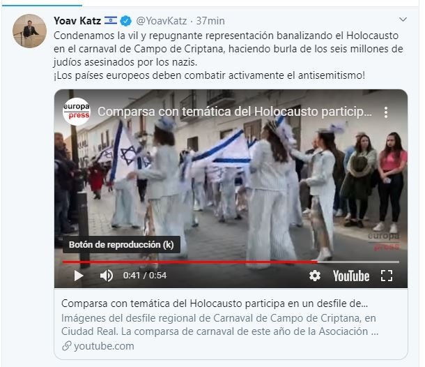 El portavoz de la Embajada de Israel denuncia la "repugnante banalización" del Holocausto en el carnaval de Campo de Criptana (Ciudada Real) | TWITTER PORTAVOZ DE LA EMBAJADA ISRAELÍ ep el portavoz de la embajada de israel denuncia la repugnante banalizacion del holocausto en el