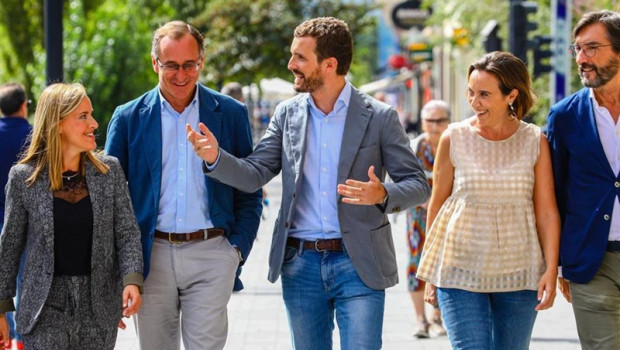 ep el presidente del pp pablo casado centro junto al presidente del pp en euskadi alfonso alonso a