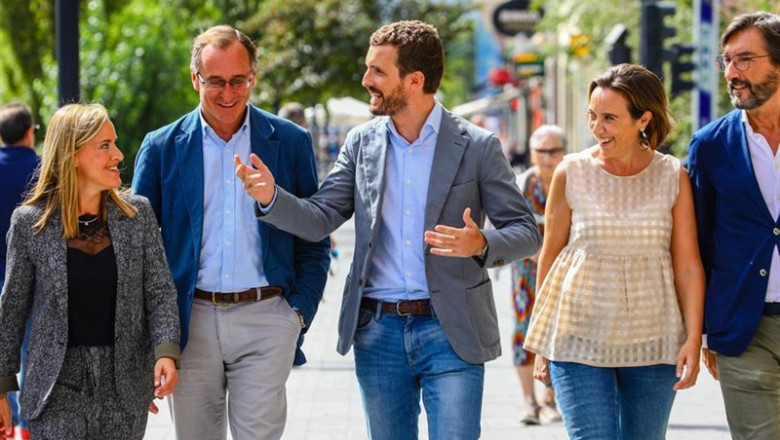 El presidente del PP, Pablo Casado (centro), junto al presidente del PP en Euskadi, Alfonso Alonso (a su derecha) y otros militantes de su partido, en la clausura de la convención del PP vasco en el Palacio de Congresos Europa de Vitoria. | IGOR MARTÍN - Europa Press ep el presidente del pp pablo casado centro junto al presidente del pp en euskadi alfonso alonso a