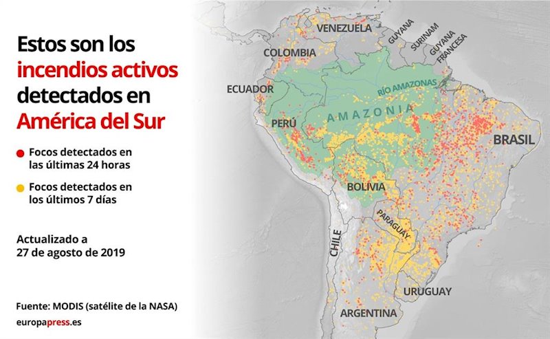 ep incendios registrados en los paises de america del sur por los satelites de la nasa