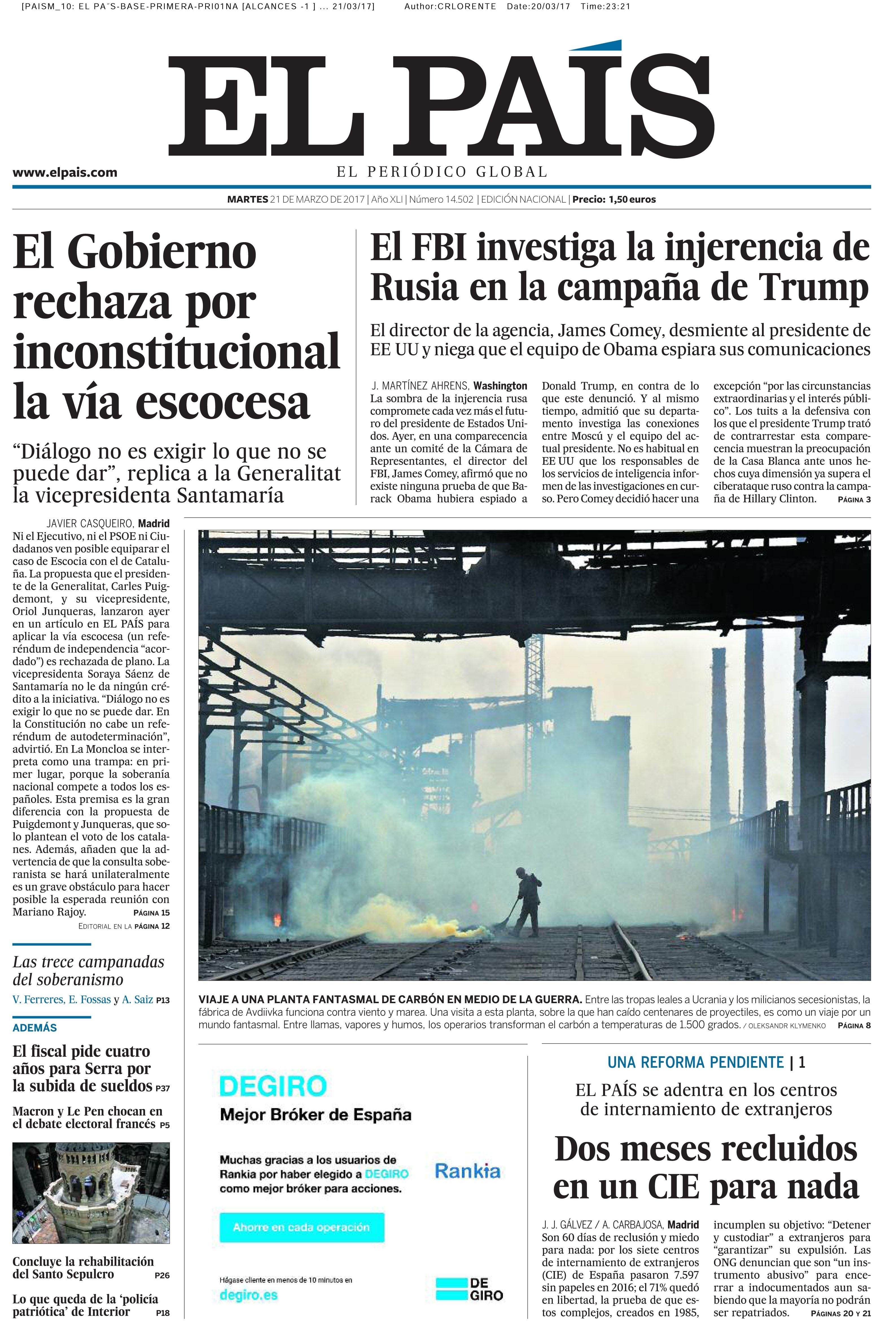 Portada de El País del 21 de marzo de 2017 | EL PAÍS ep portadapais21marzo2017