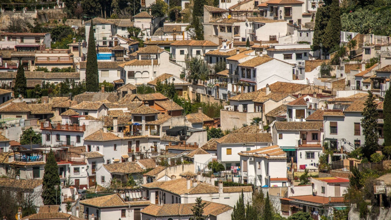 wide angle shot white buildings city constructed each 