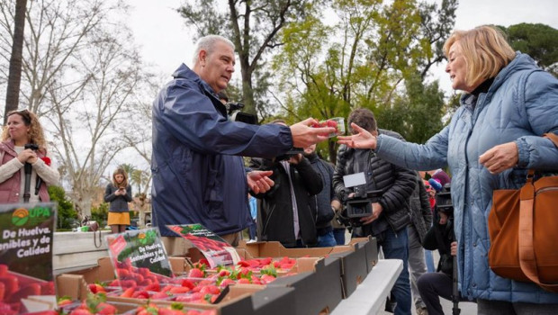 ep representantes de upa reparten fresas de huelva a los viandantes en sevilla