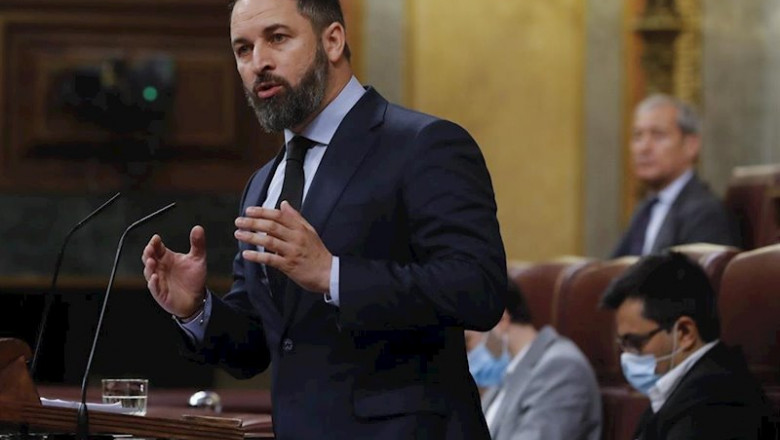 El líder del PP, Santiago Abascal, durante su intervención en el pleno del Congreso que debate este miércoles la quinta prórroga del estado de alarma después de que el Gobierno rectificara ante la presión de los grupos y solicitara una ampliación de quinc | Pool ep el lider del pp santiago abascal durante su intervencion en el pleno del congreso que debate este