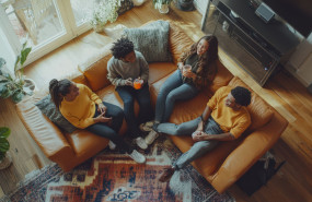 friends enjoying drinks together cozy couch modern living room filled with natural light greenery 