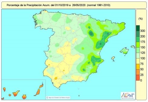 ep lluvias acumuladas en el conjunto de espana desde el 1 de octubre de 2019 hasta el 26 de mayo de