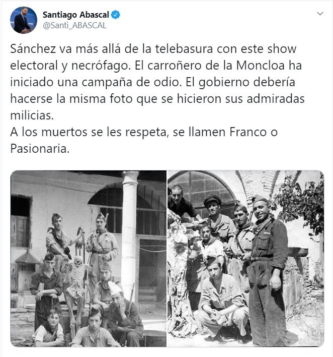 Captura del tweet del presidente de Vox, Santiago Abascal, criticando la exhumación del dictador Francisco Franco del Valle de los Caídos | TWITTER ep captura del tweet del presidente de vox santiago abascal criticando la exhumacion del dictador