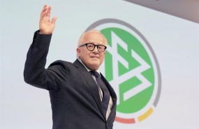 ep main president of the german football association dfb fritz keller stands under a dfb logo the