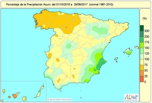 Distribución de lluvias en España del 1-10-2016 al 29-8-2017 | AEMET ep distribucionlluviasespana1-10-201629-8-2017