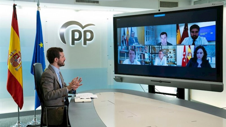 El líder del PP, Pablo Casado, en una reunión por videoconferencia con los presidentes autonómicos de su partido. En Madrid, a 16 de mayo de 2020. | TAREK ep el lider del pp pablo casado en una reunion por videoconferencia con los presidentes autonomicos