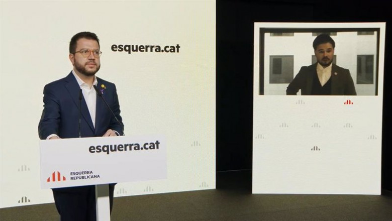 El vicepresidente de la Generalitat, Pere Aragonès, y el portavoz de ERC en el Congreso, Gabriel Rufián, en rueda de prensa telemática. | EUROPA PRESS ep el vicepresidente de la generalitat pere aragons y el portavoz de erc en el congreso gabriel