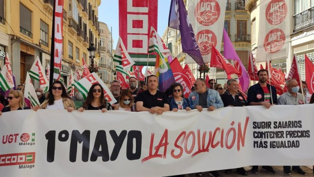 ep manifestado del 1 de mayo de 2022 en malaga capital presidida por los lideres de ccoo y ugt en la