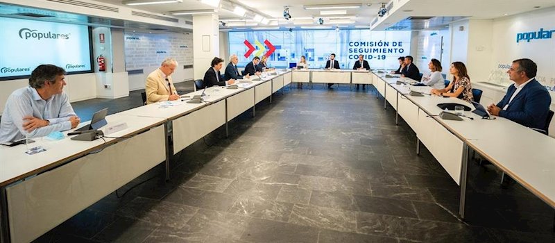 El líder del PP, Pablo Casado, preside la Comisión de Seguimiento del Covid-19 de su partido. En Madrid, a 27 de julio de 2020. | DAVID MUDARRA ep el lider del pp pablo casado preside la comision de seguimiento del covid-19 de su partido en