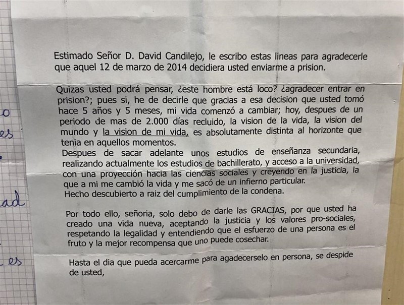 ep misiva de agradecimiento de un recluso recibida por el juez candilejo