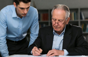 empresario mayor firma papeles joven al lado empresario mayor firma papeles joven al lado