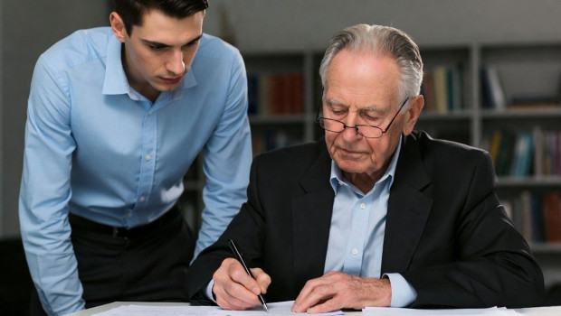 empresario mayor firma papeles joven al lado