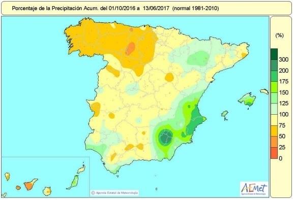 Distribución de lluvias acumuladas en España hasta el 13 de junio | AEMET ep distribucionlluvias acumuladasespana13junio