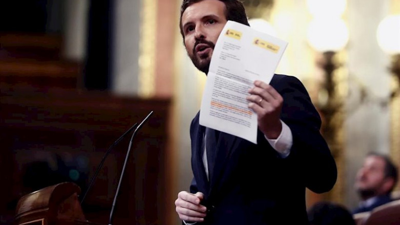 El líder del PP, Pablo Casado, durante su comparecencia en el pleno celebrado este miércoles en el Congreso sobre la nueva prórroga del estado de alarma. En Madrid, (España), a 22 de abril de 2020. | Pool ep el lider del pp pablo casado durante su comparecencia en el pleno celebrado este miercoles en el