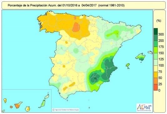 Mapa de lluvias acumuladas en España desde octubre de 2016 al 4-4-2017 | AEMET ep mapalluvias acumuladasespanaoctubre20164-4-2017