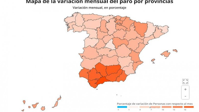 Mapa de la variación mensual del paro por provincias, marzo 2020 (Ministerio de Trabajo) | EPDATA ep mapa de la variacion mensual del paro por provincias marzo 2020 ministerio de trabajo