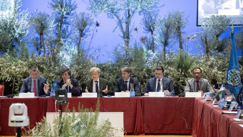 El director del COI, Jaime Lillo (tercero por la dcha.), junto al presidente de la Diputación de Córdoba, Salvador Fuentes (cuarto), en la inauguración de la 122ª sesión plenaria del Consejo Oleícola Internacional. | DIPUTACION DE CORDOBA ep el director del coi jaime lillo tercero por la dcha junto al presidente de la diputacion de
