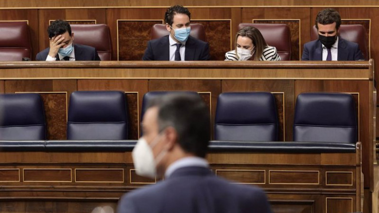 El presidente del Gobierno, Pedro Sánchez, interviene en una sesión de control al Gobierno, con los principales dirigentes del PP de fondo, empezando por su presidente, Pablo Casado (Izqda) | EUROPA PRESS/E. Parra. POOL - Europa Press ep el presidente del gobierno pedro sanchez interviene en una sesion de control al gobierno con los