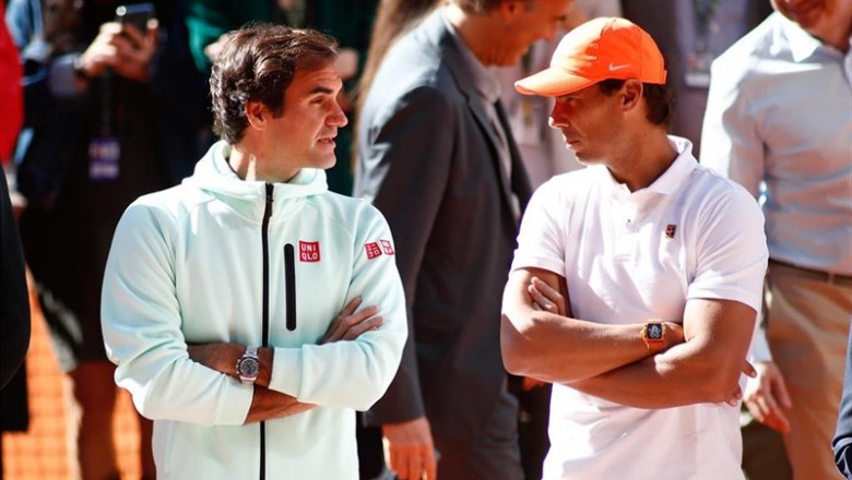 Los tenistas, Rafael Nadal y Roger Federer, asisten al acto de homenaje celebrado en honor al tenista David Ferrer en el Mutua Madrid Open 2019 | Óscar J.Barroso - Europa Press - Archivo ep los tenistas rafael nadalroger federer asistenactohomenaje celebradohonortenista david ferrermutua madrid open 2019