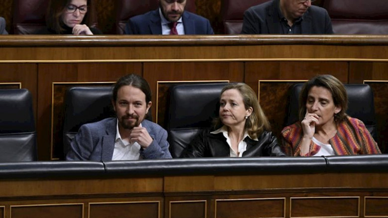 Los vicepresidentes Pablo Iglesias, Nadia Calviño y Teresa Ribera, en el Pleno del Congreso | Óscar Cañas - Europa Press ep los vicepresidentes pablo iglesias nadia calvino y teresa ribera en el pleno del congreso
